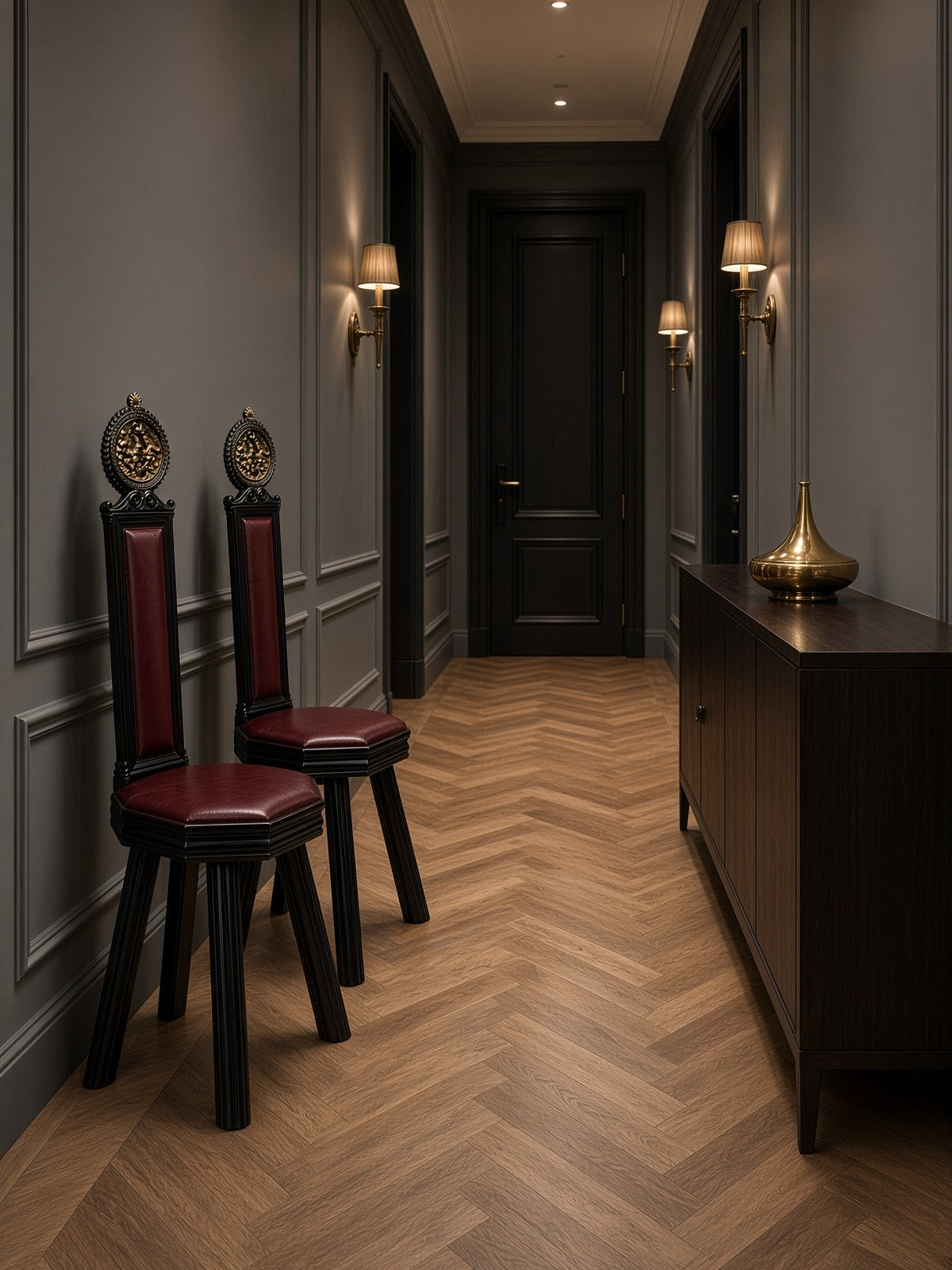 A pair of Aquila chairs in a corridor