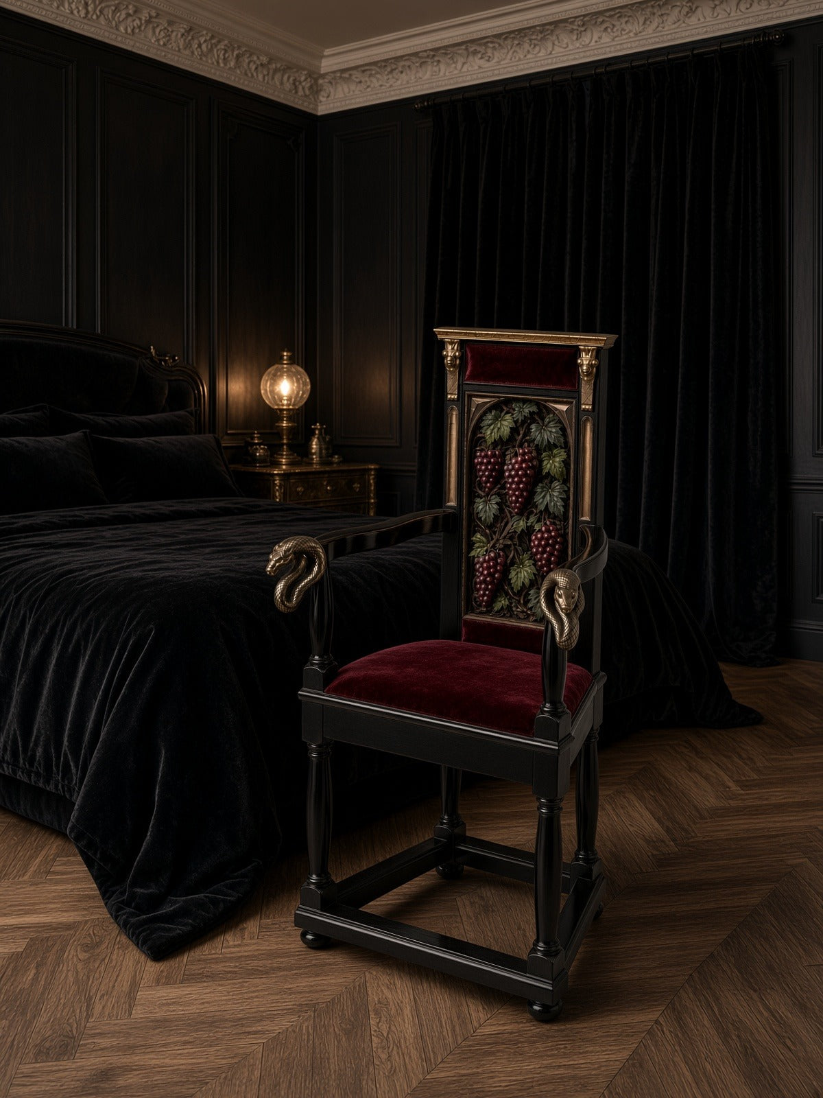 Bacchus armchair in a dark bedroom