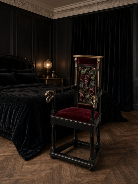 Bacchus armchair in a dark bedroom