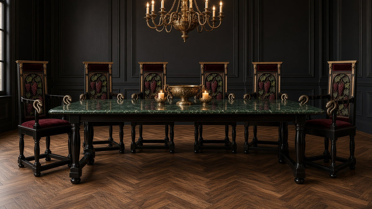 Six Bacchus armchairs at a dining table in a black panelled room