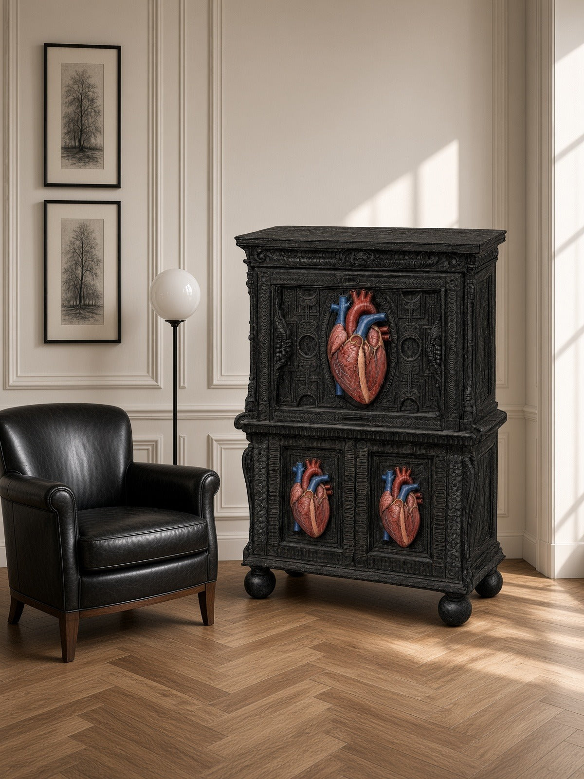 Cuore bar cabinet in black beside a black leather armchair