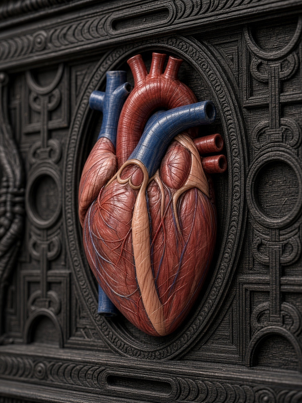Close-up of the painted anatomical heart on the carved front of the Cuore cabinet