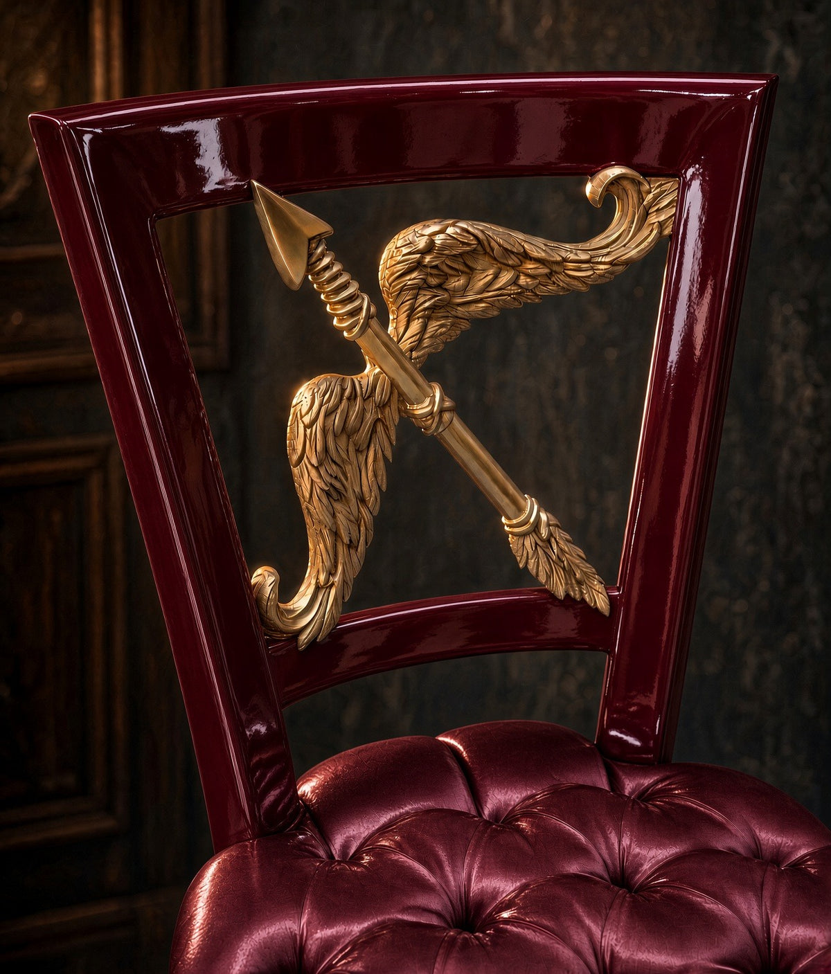 Burgundy Cupid chair back with the gilded winged arrow