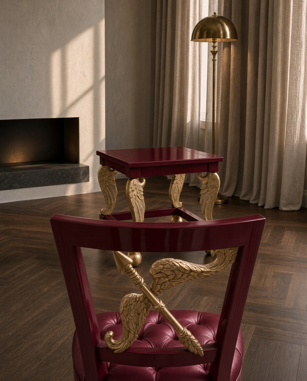 Burgundy Cupid chair back with the Cupid's Wings table behind