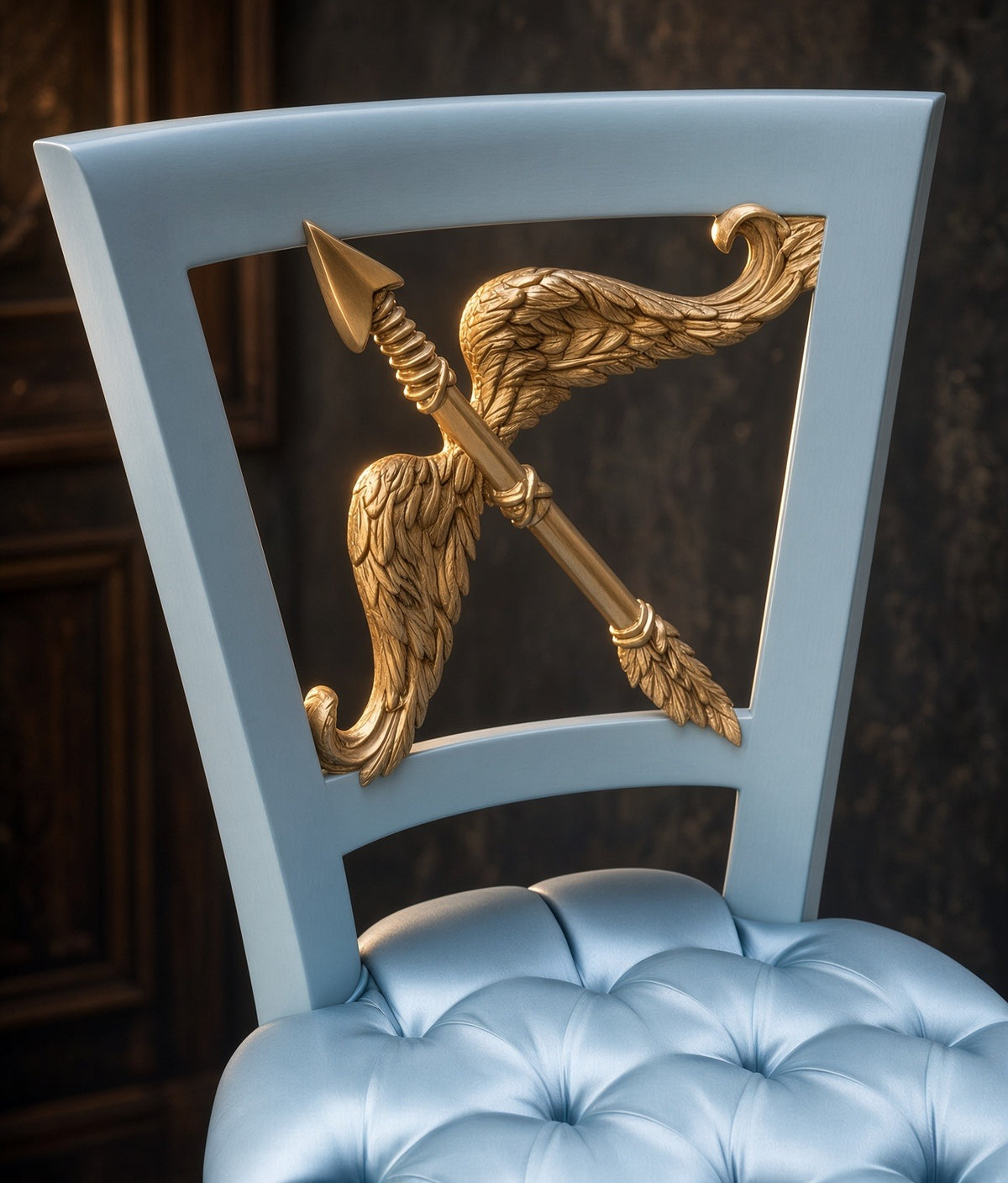 Baby-blue Cupid chair back with the gilded winged arrow