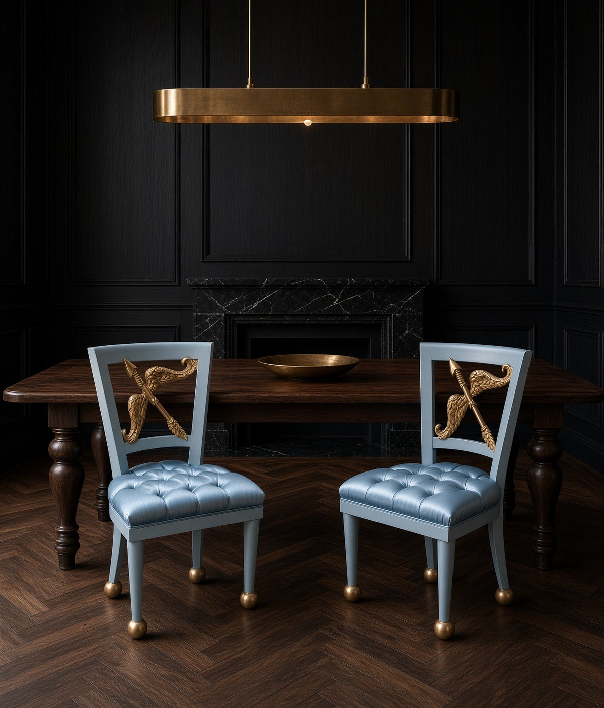 A pair of baby-blue Cupid chairs at a dining table