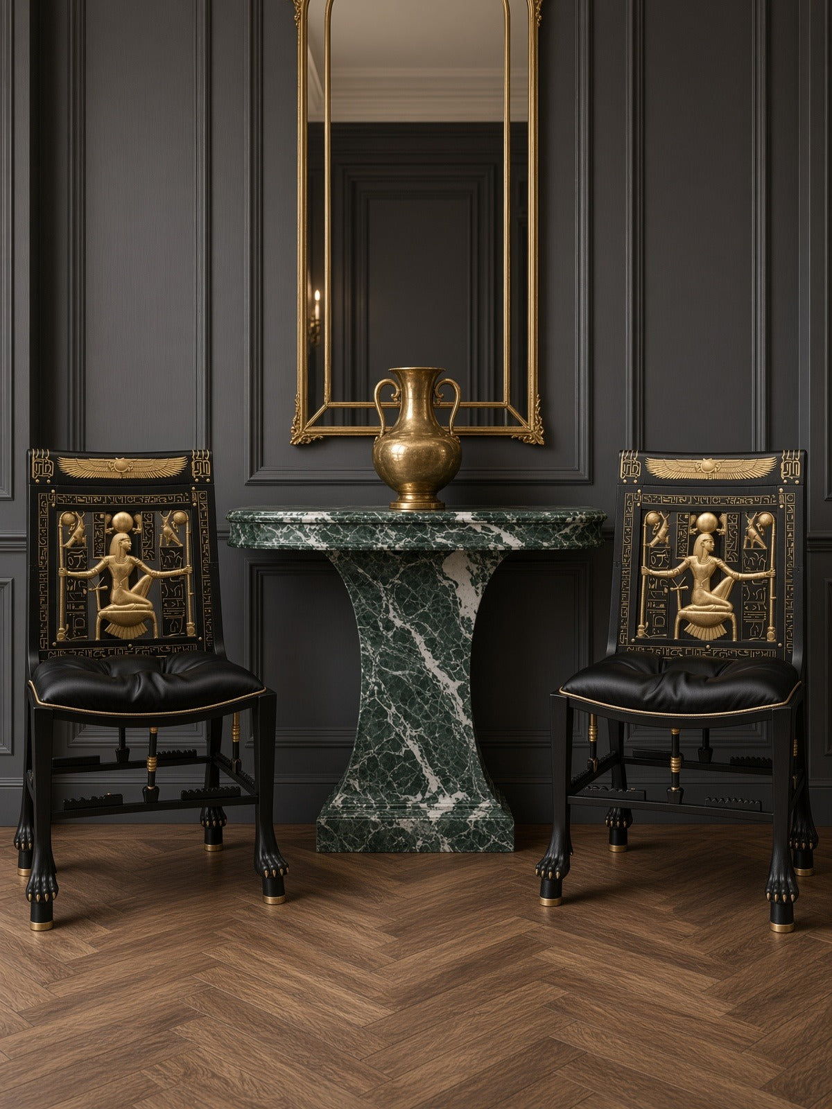 A pair of Hathor chairs either side of a green marble console