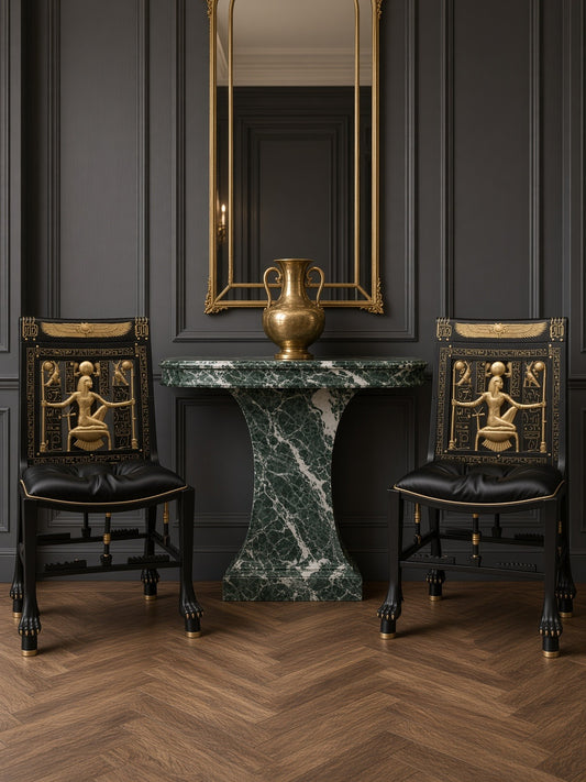 A pair of Hathor chairs either side of a green marble console