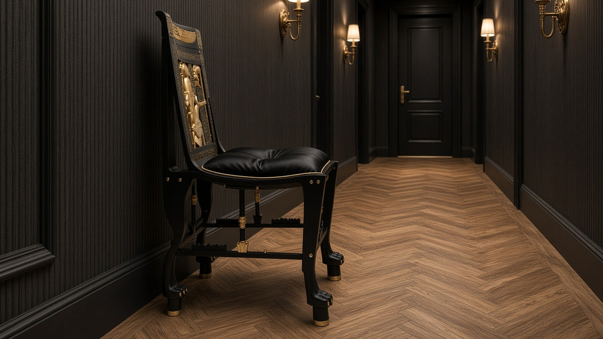 Hathor chair in profile in a dark corridor