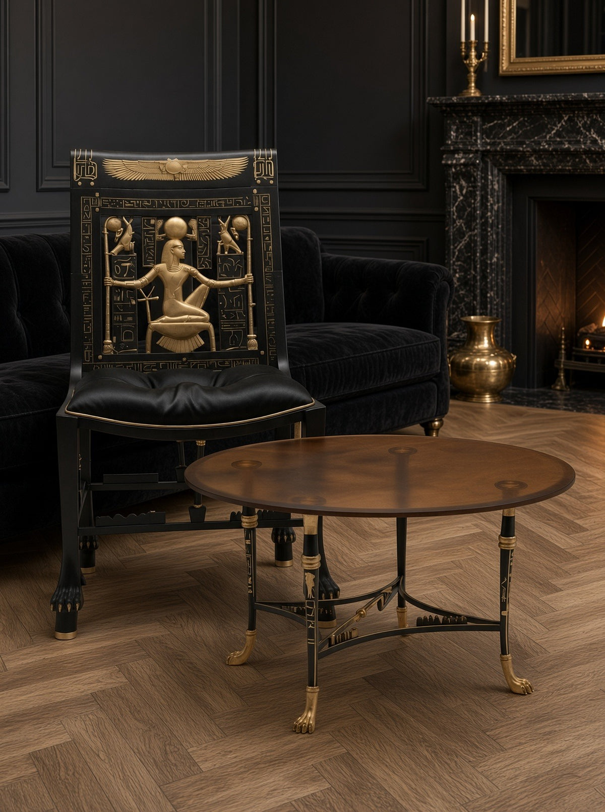 Hathor chair and Ra table in a black salon by a fireplace