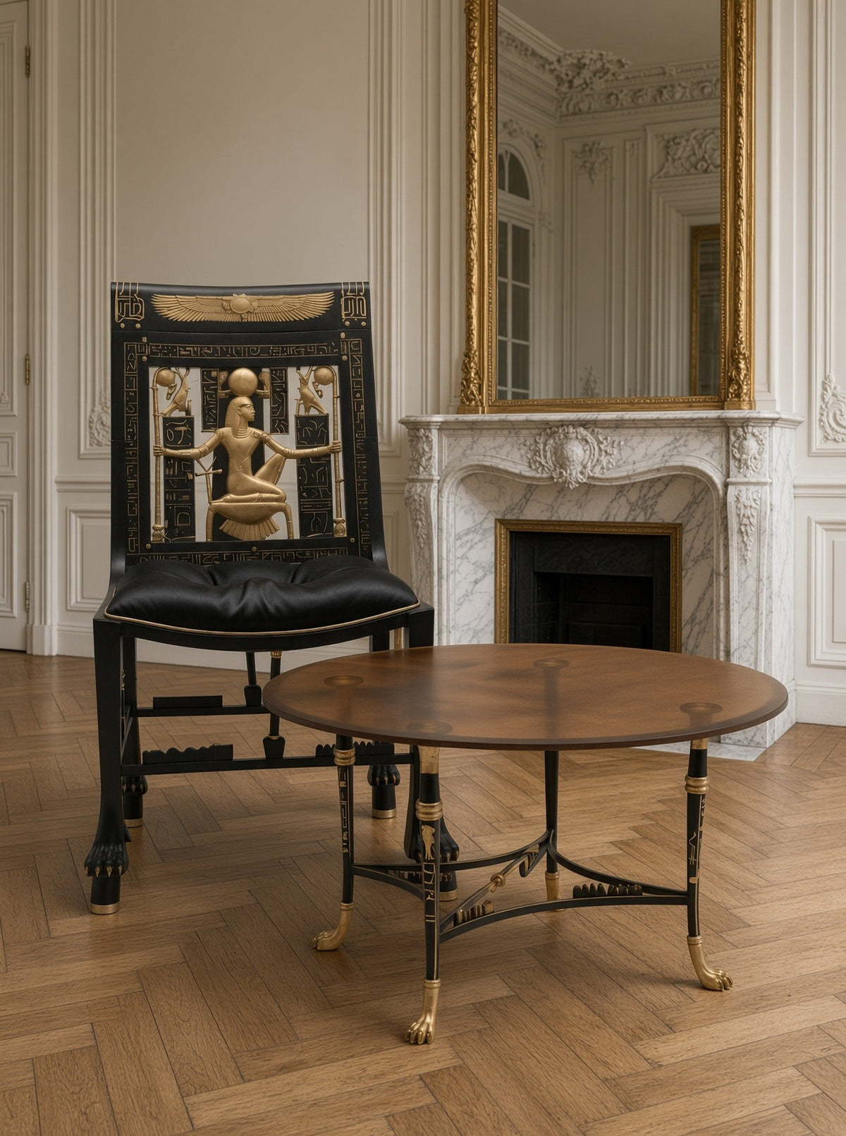 Hathor chair and Ra table in a white salon with a marble fireplace