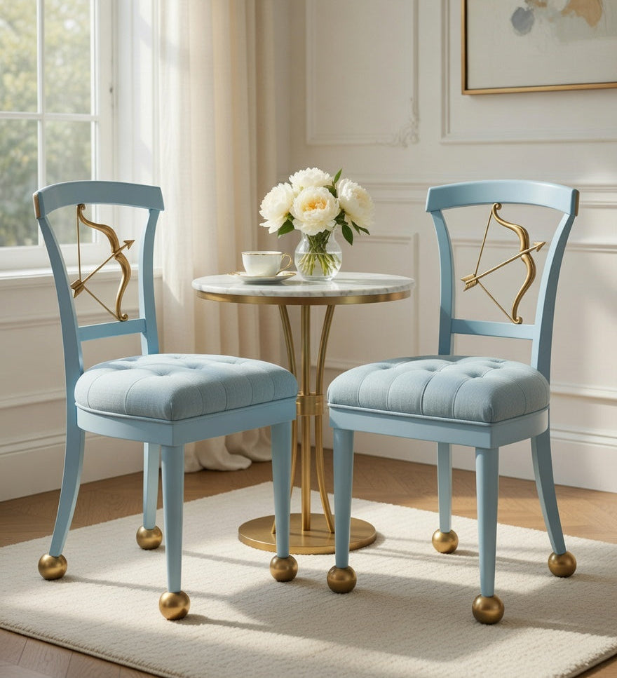 Two light blue chairs with gold accents in a room with a small round table and flowers.