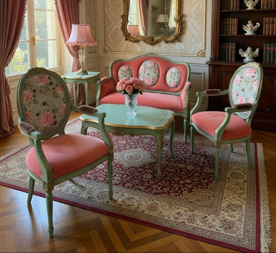 Vintage-style living room with pink and green furniture, ornate mirror, and bookshelf.