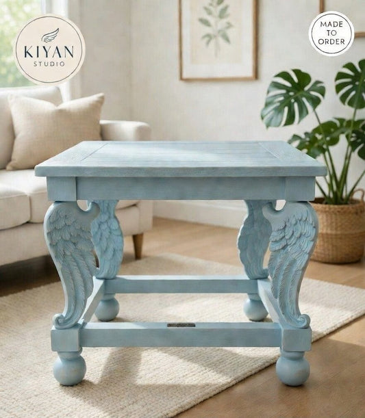 Handmade Baroque Angel Wing Coffee Table Pastel Blue Gold Leaf