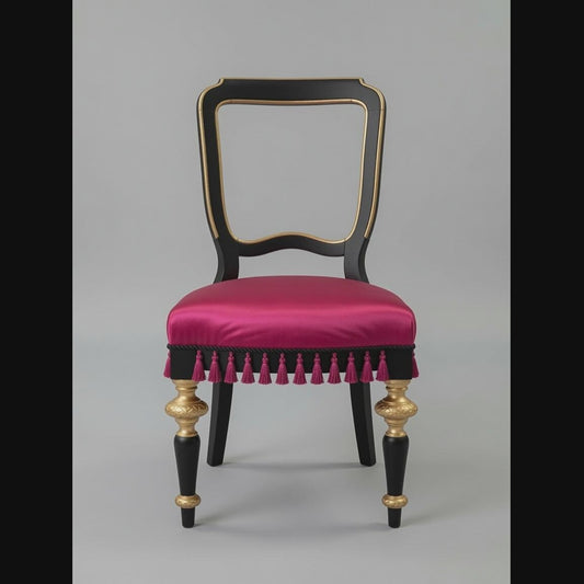 Elegant Black & Gold Accent Chair with Fuchsia Silk Seat | Luxury Statement Dining Chair with Tassels