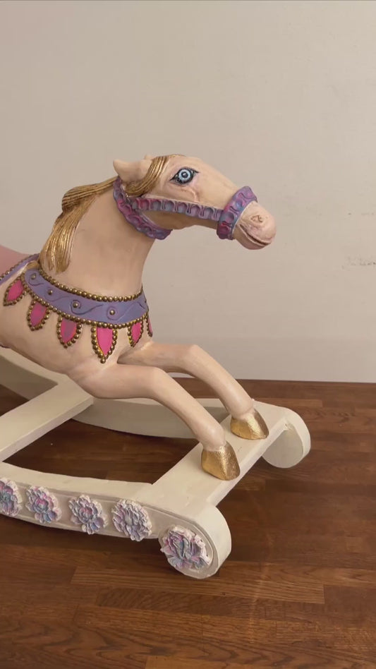 Hand-Painted Antique Rocking Horse – Pastel Nursery Decor, Heirloom Toy