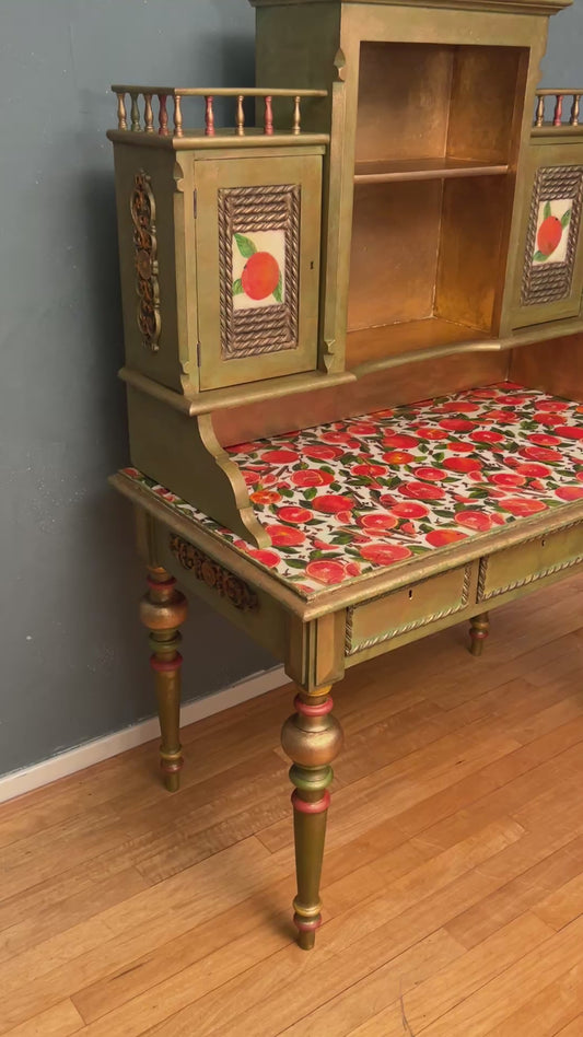 Antique Desk | Re-Designed | Secretary Table | Writing Furniture | Green&Gold Finish | Velvet Interior | Handmade | KiyanStudio