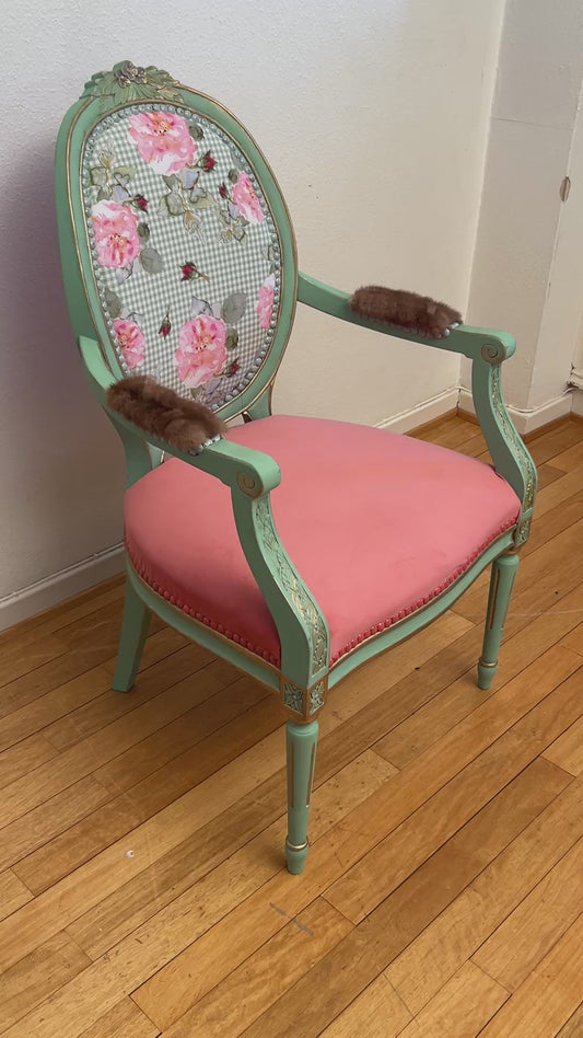 Antique armchair | Re-Designed | Pink Velvet | Turquoise Paint | Handmade | Cotton Fabric Print