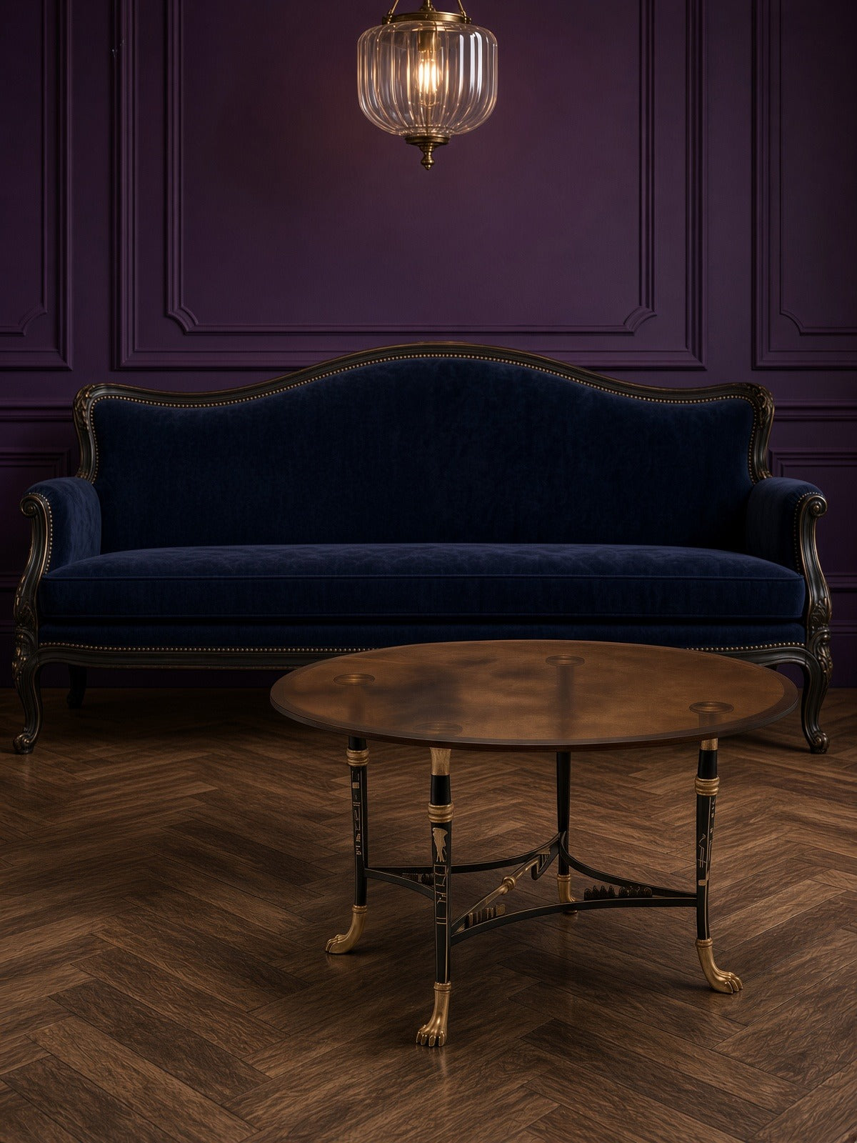 Ra coffee table in front of a navy velvet sofa