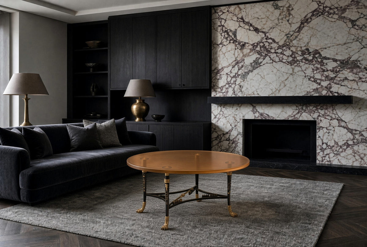 Ra coffee table in a living room with a marble fireplace