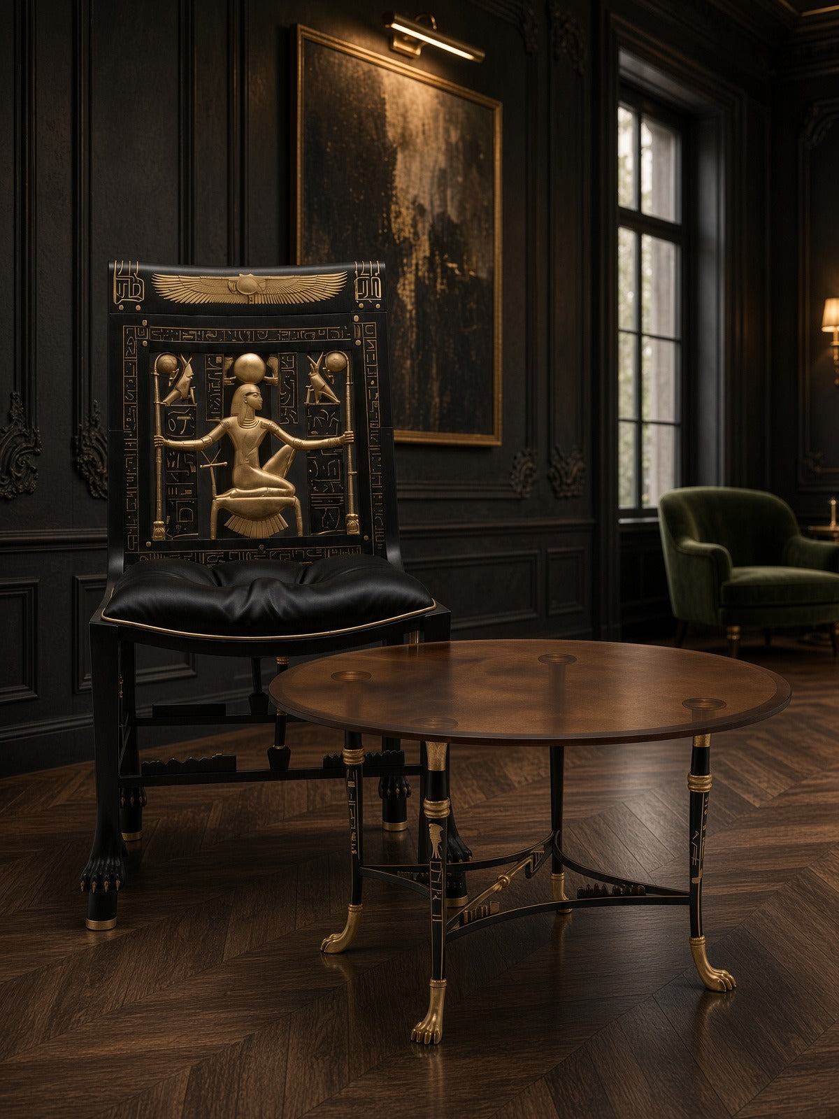 Ra coffee table with a Hathor chair in a panelled room