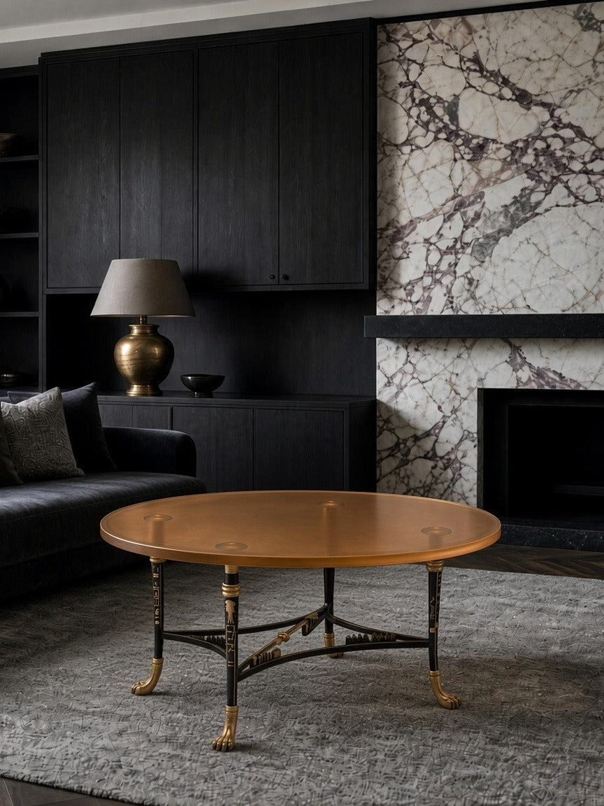 Ra coffee table on a grey rug in front of a marble fireplace