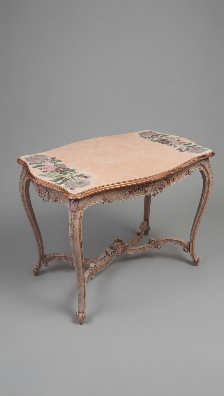 Vintage French Provincial Painted Table | Shabby Chic Floral Console Table | Ornate Rococo Vanity Desk with Hand-Painted Roses