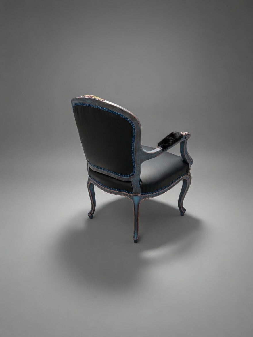 Antique Armchair | Re-Designed| Flamingo Set | Black Leather | Mink Armrests | Handmade | KiyanStudio