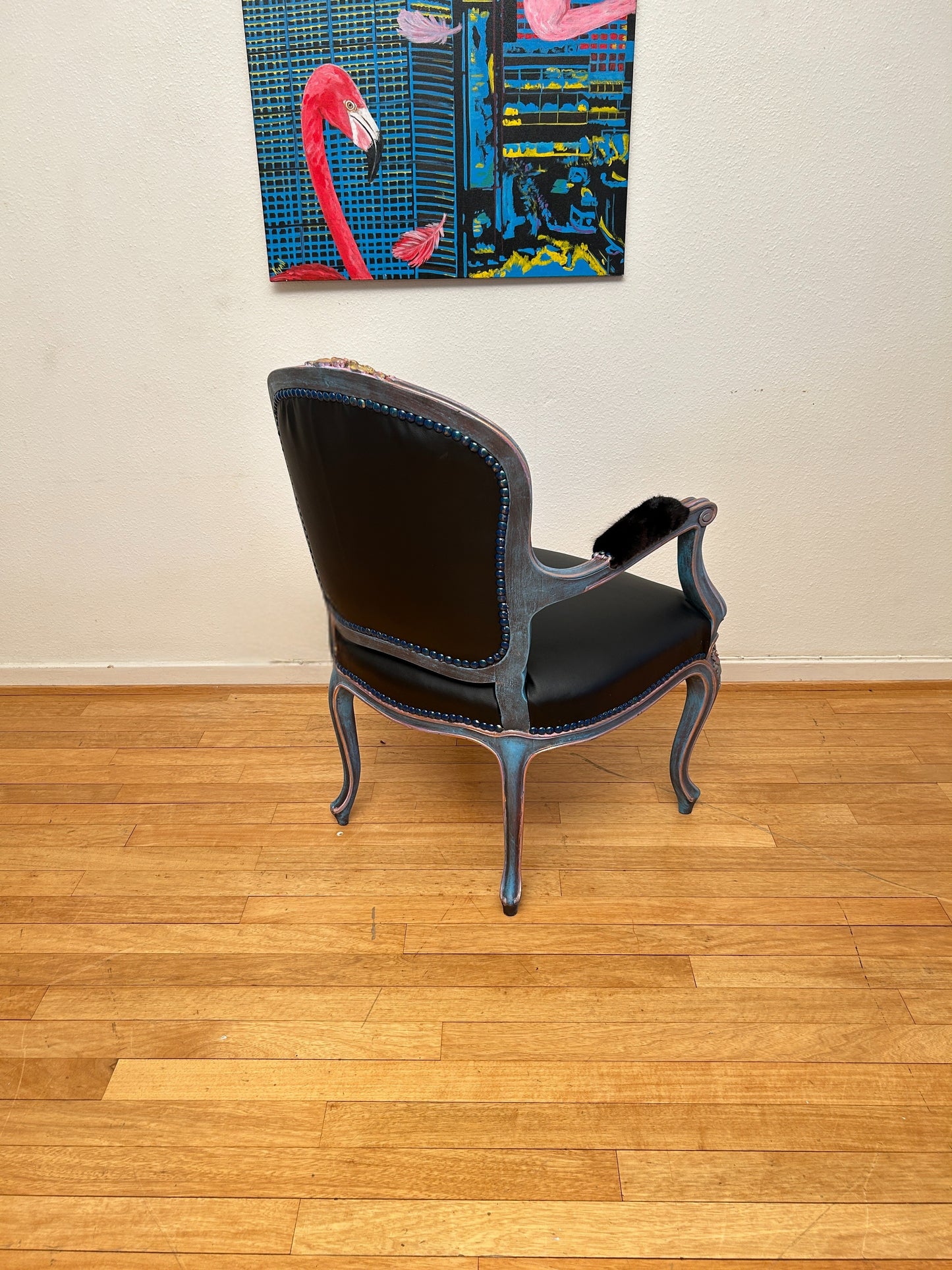 Antique Armchair | Re-Designed| Flamingo Set | Black Leather | Mink Armrests | Handmade | KiyanStudio