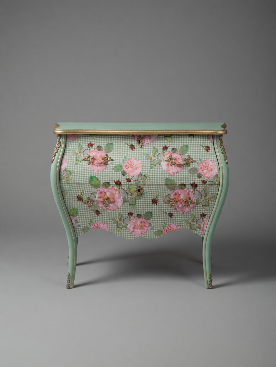 Vintage Kommode | Rokokko "Magekommoden" | Scandinavian Vintage | Rose Fabric | Brass Details | Mint Green
