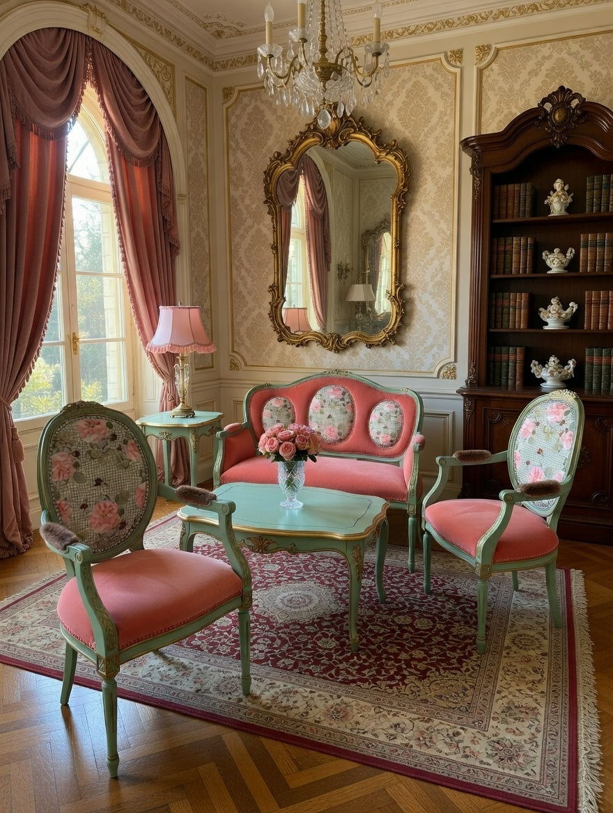 Antique armchair | Re-Designed | Pink Velvet | Turquoise Paint | Handmade | Cotton Fabric Print