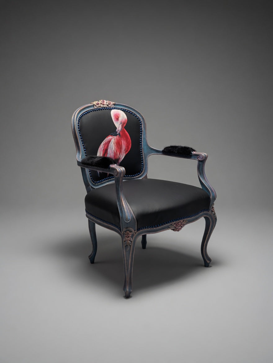 Antique Armchair | Re-Designed| Flamingo Set | Black Leather | Mink Armrests | Handmade | KiyanStudio