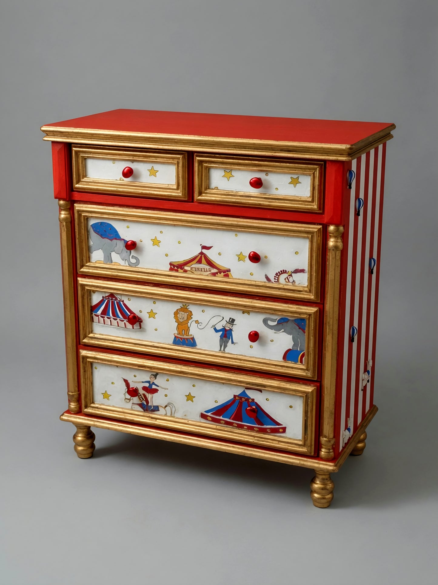Vintage Circus Dresser | Hand-Painted Circus Theme Chest of Drawers | Red & Gold Circus Nursery or Bedroom Furniture