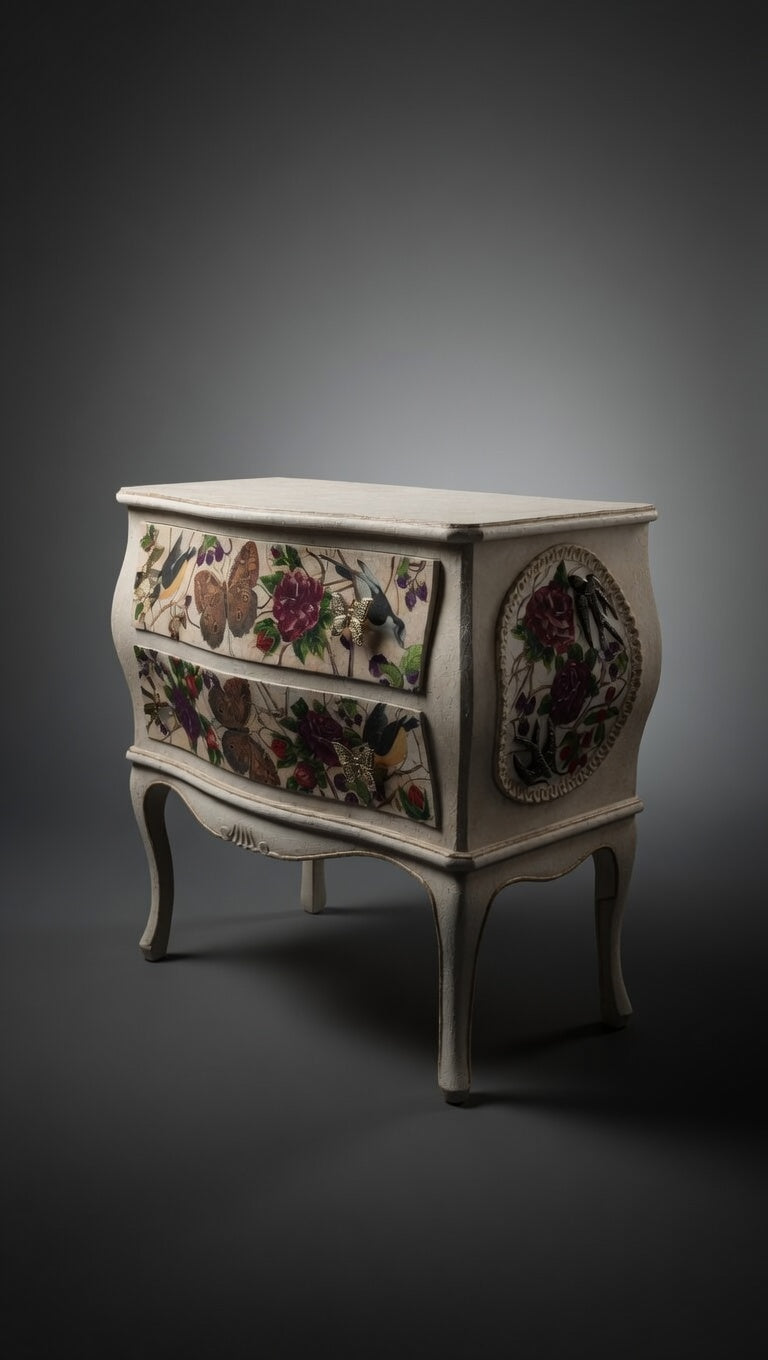 Antique French Bombe Chest | Heavy Walnut Interior | Napkin Decoupage Nightstand