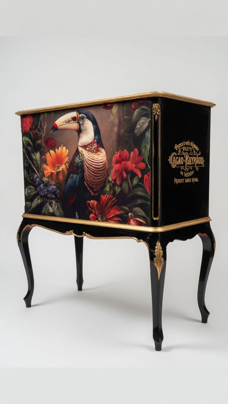Handmade Toucan Tropical Cabinet | Decoupage Linen-Cotton, Black & Gold Baroque Accent