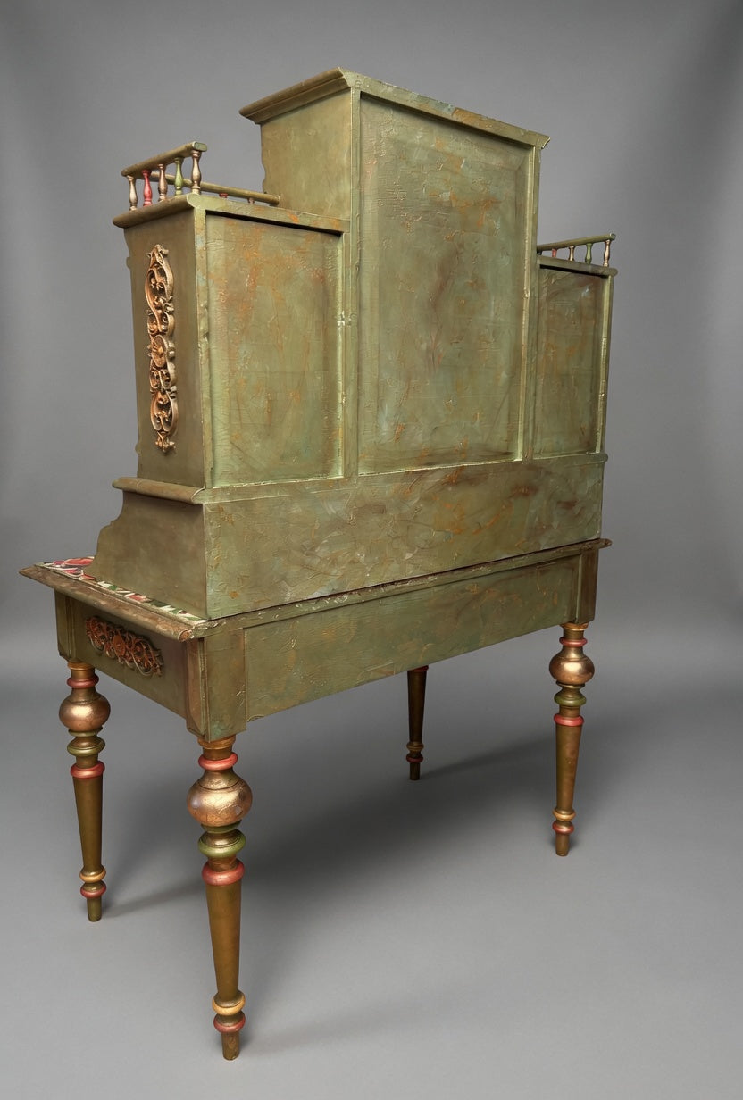 Antique Norwegian Secretary Desk | Restored Gold & Green Fruit Decoupage