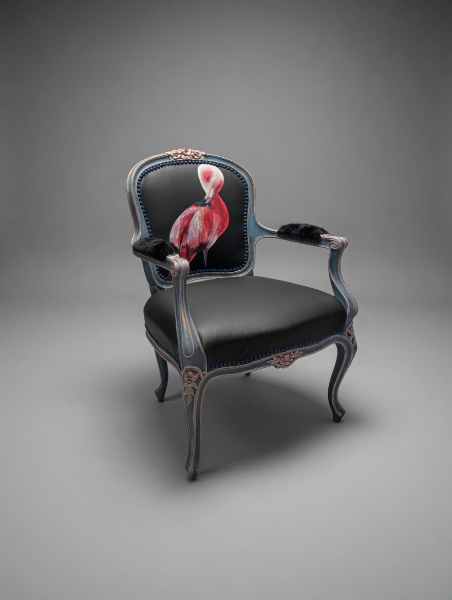 Antique Armchair | Re-Designed| Flamingo Set | Black Leather | Mink Armrests | Handmade | KiyanStudio