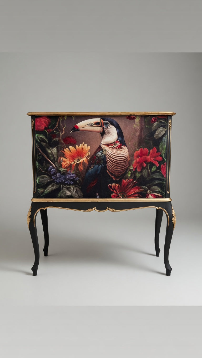 Handmade Toucan Tropical Cabinet | Decoupage Linen-Cotton, Black & Gold Baroque Accent