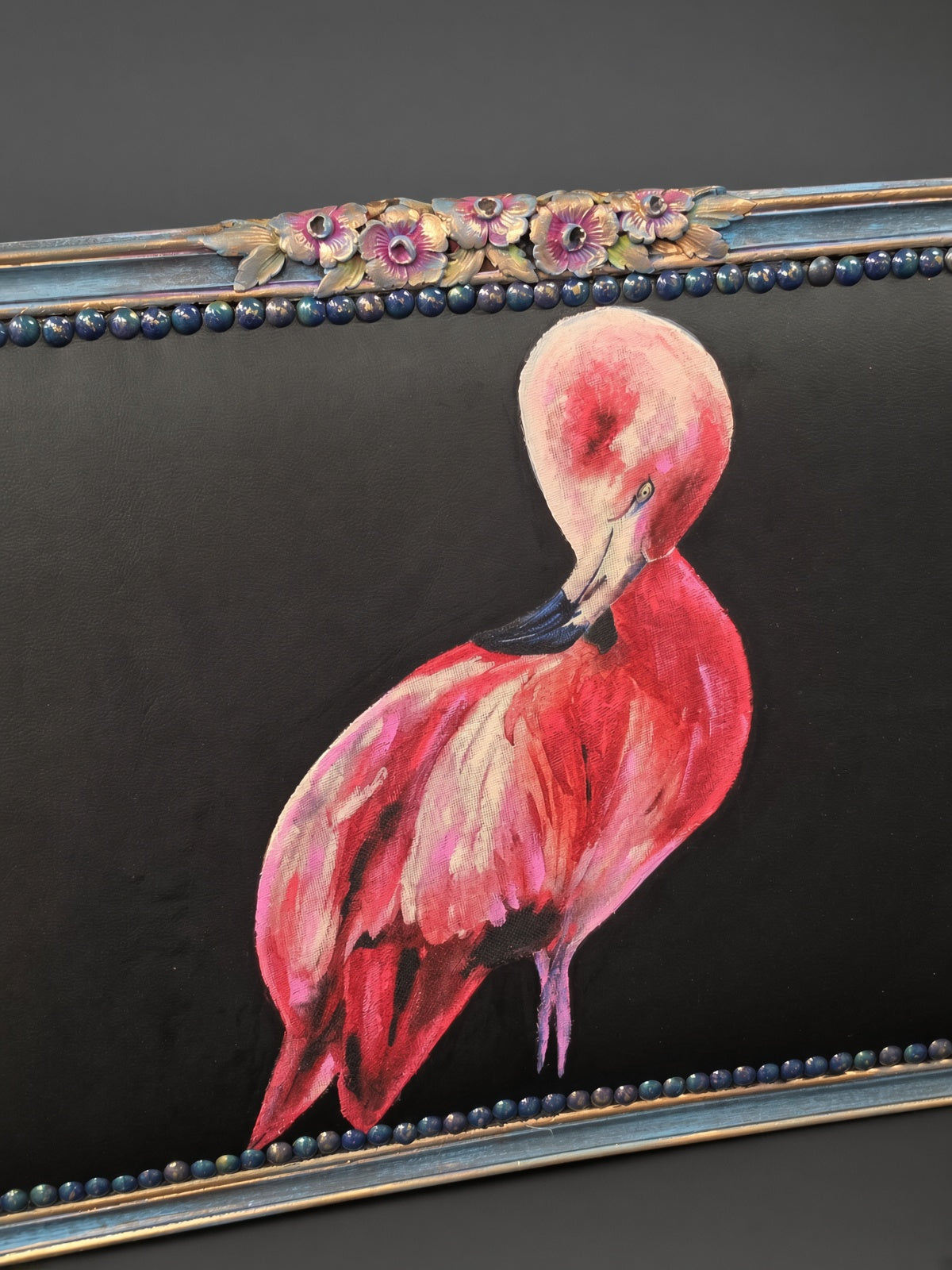 Antique Sofa | Re-Designed | Flamingo Set | Black Leather | Decoupage | Mink Armrests | Handmade