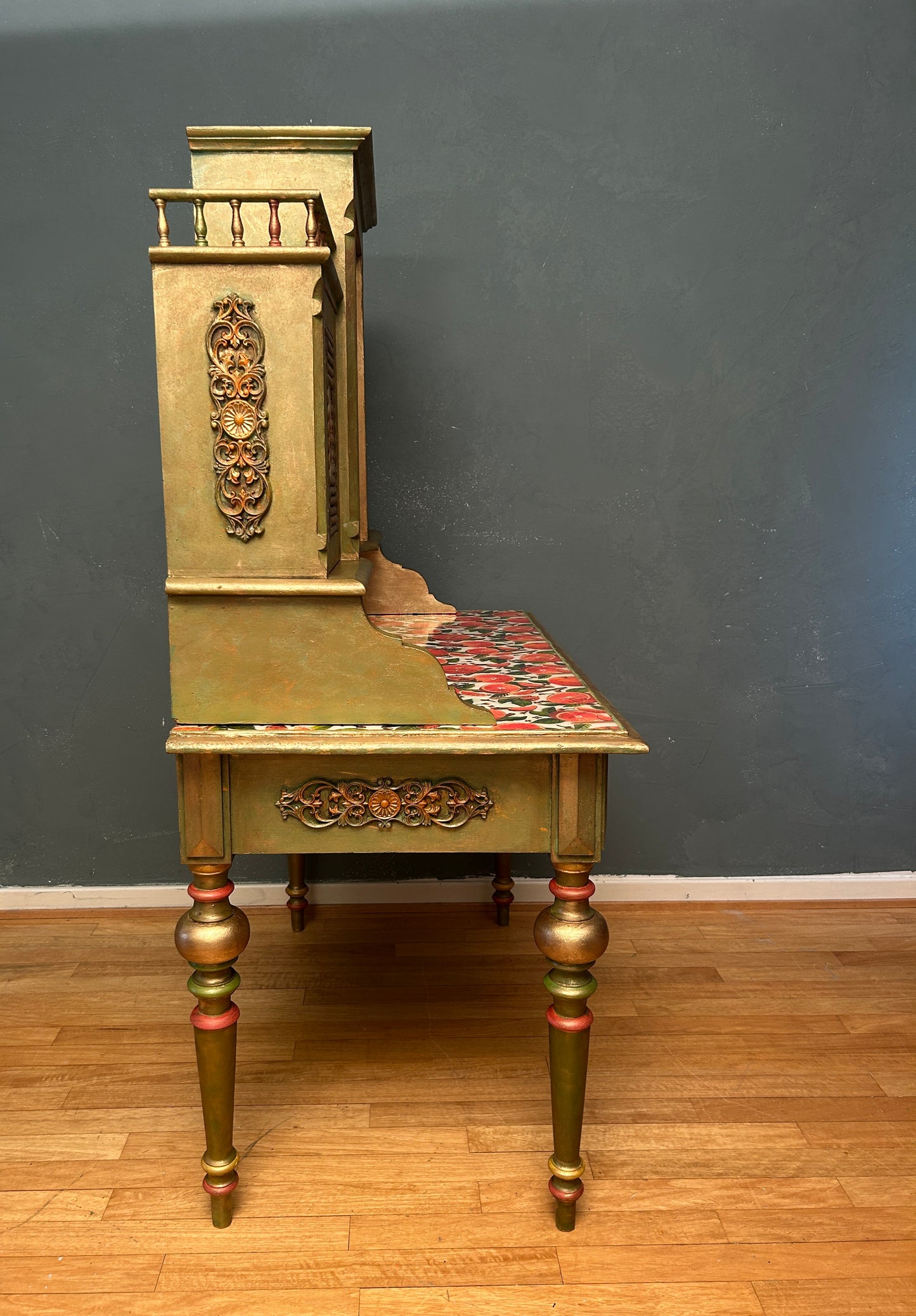 Antique Desk | Re-Designed | Secretary Table | Writing Furniture | Green&Gold Finish | Velvet Interior | Handmade | KiyanStudio