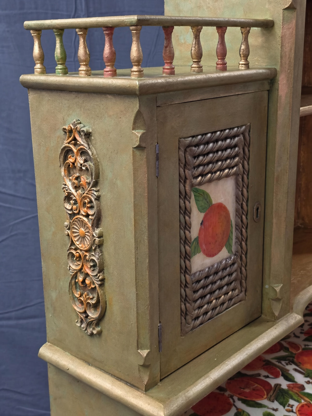 Antique Norwegian Secretary Desk | Restored Gold & Green Fruit Decoupage