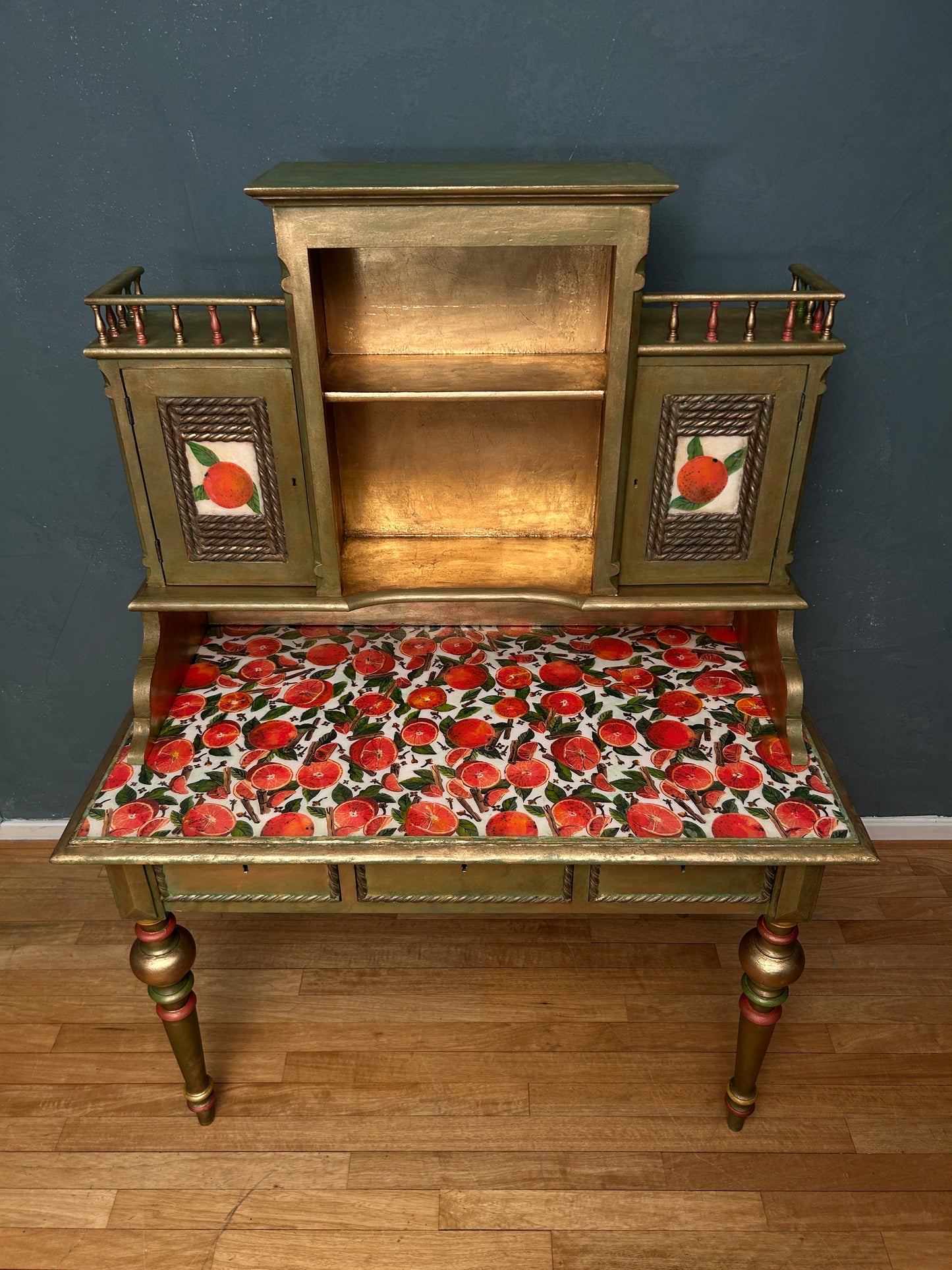 Antique Desk | Re-Designed | Secretary Table | Writing Furniture | Green&Gold Finish | Velvet Interior | Handmade | KiyanStudio