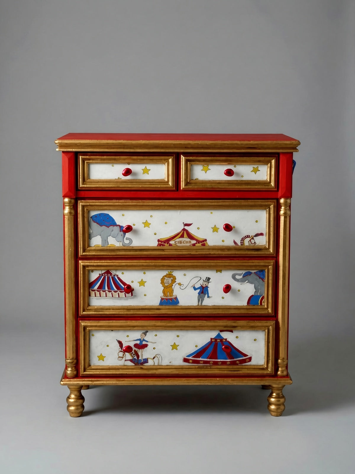 Vintage Circus Dresser | Hand-Painted Circus Theme Chest of Drawers | Red & Gold Circus Nursery or Bedroom Furniture
