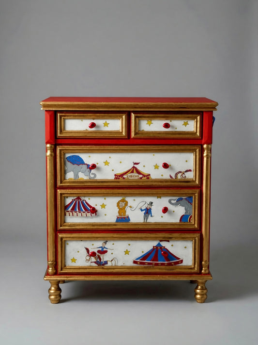 Vintage Circus Dresser | Hand-Painted Circus Theme Chest of Drawers | Red & Gold Circus Nursery or Bedroom Furniture