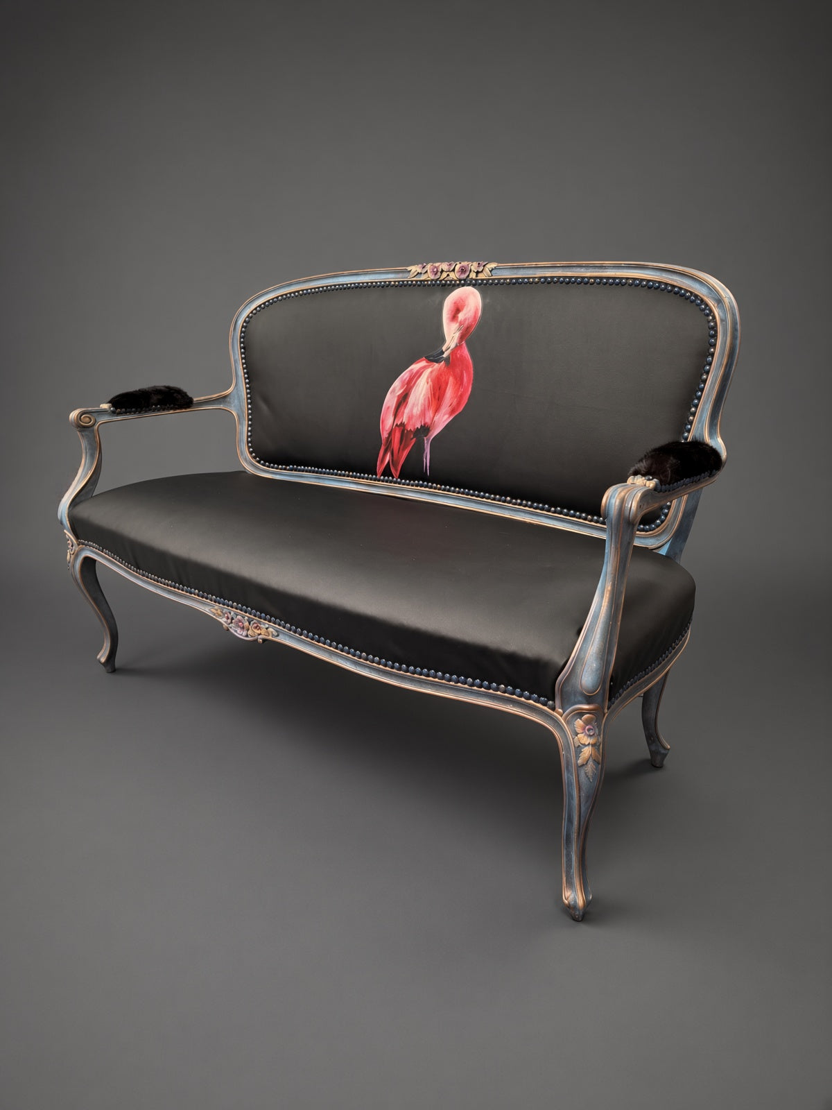 Antique Sofa | Re-Designed | Flamingo Set | Black Leather | Decoupage | Mink Armrests | Handmade