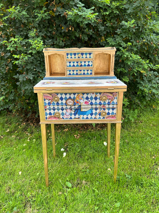 Antique Mini Desk | Re-Designed | Alice in Wonderland | Decoupage | Bright Design | Writing Table | Kids Room | Handmade