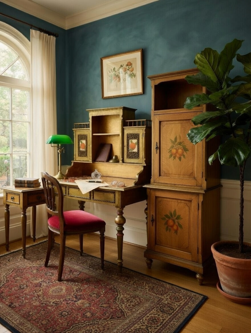 Antique Norwegian Secretary Desk | Restored Gold & Green Fruit Decoupage