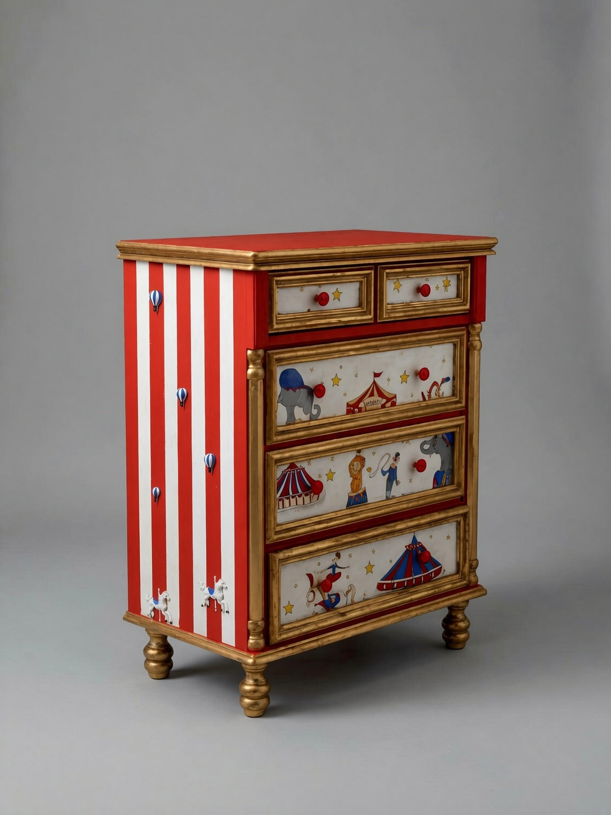 Vintage Circus Dresser | Hand-Painted Circus Theme Chest of Drawers | Red & Gold Circus Nursery or Bedroom Furniture