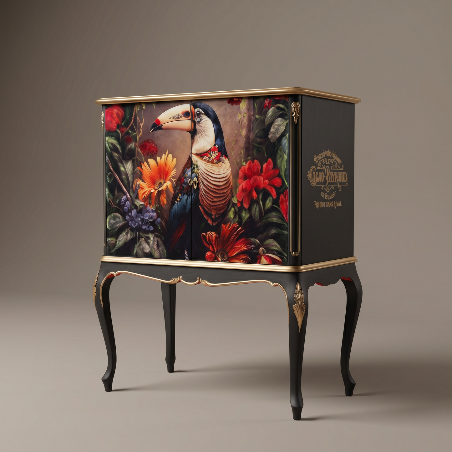 Handmade Toucan Tropical Cabinet | Decoupage Linen-Cotton, Black & Gold Baroque Accent