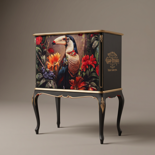 Handmade Toucan Tropical Cabinet | Decoupage Linen-Cotton, Black & Gold Baroque Accent